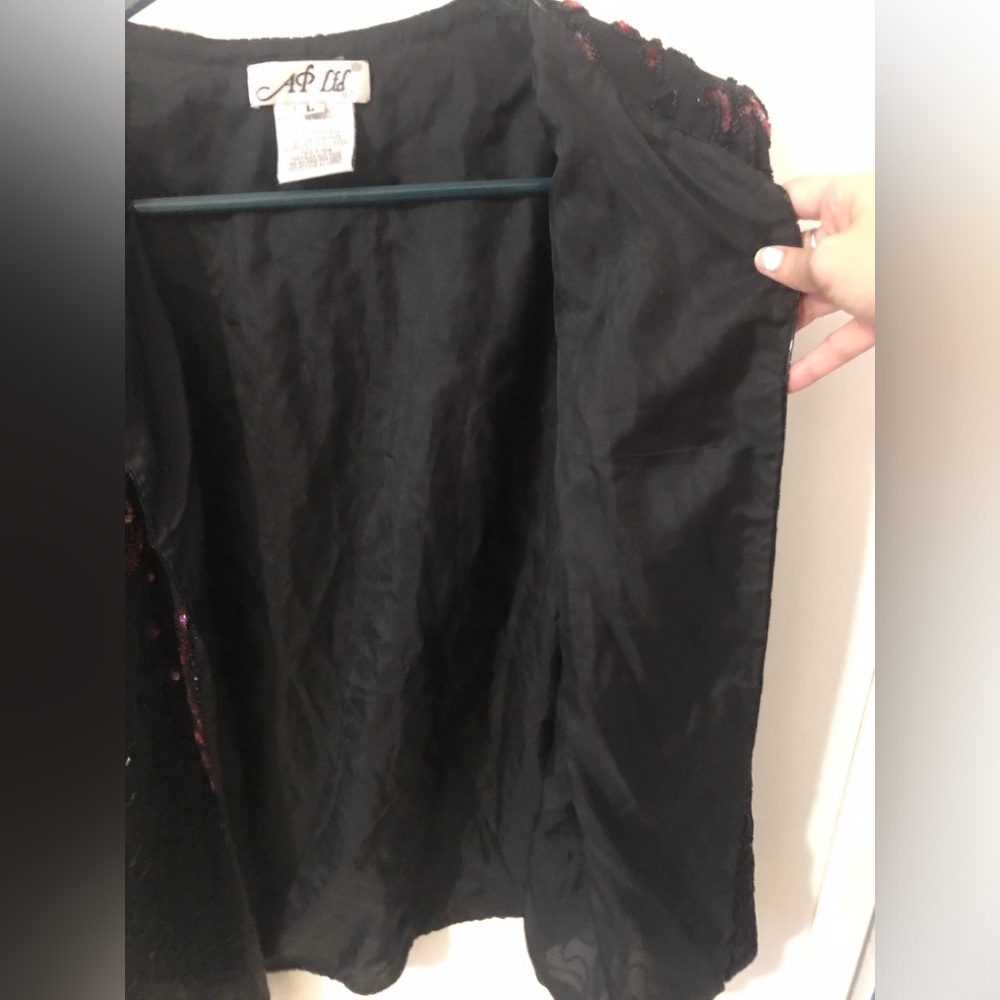 Vintage Black Beaded Open-Front Jacket with Pink Sequin Accents 80s retro glam L - Picture 10 of 16